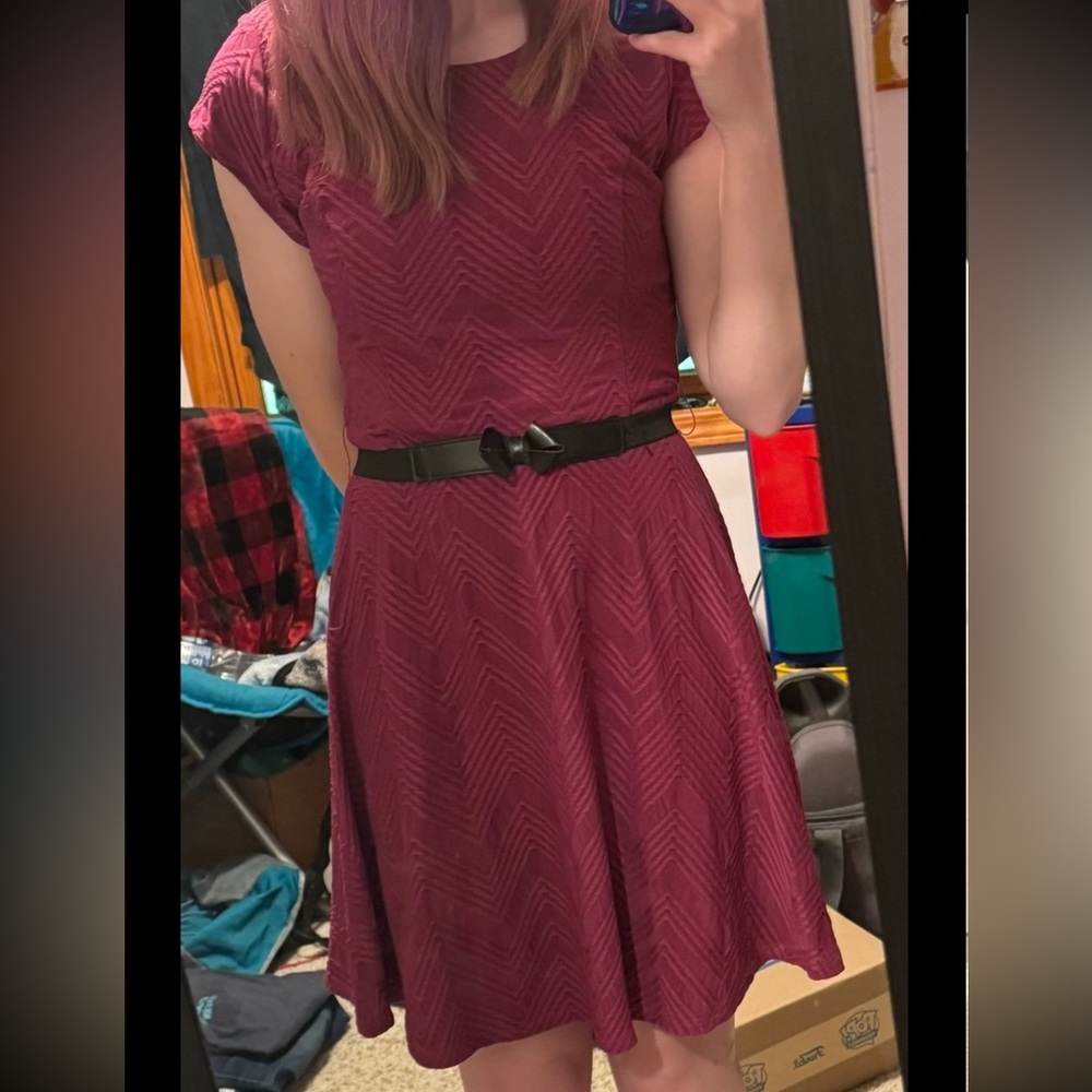 Purple Chevron Fit-and-Flare Dress with Belt